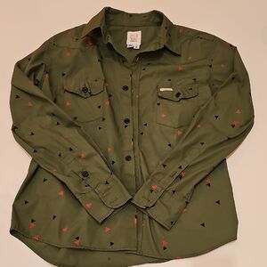 Topo Designs Green Button-Down Shirt with Red and Black Triangle Pattern